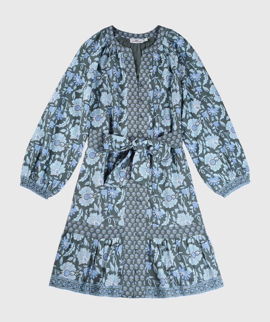 OUTLET Printed Long-Sleeve Tie Flounce Dress