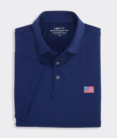 Vineyard Vines Performance American Flag Solid Sankaty Polo (Blue Depth Flag) (Size: L)