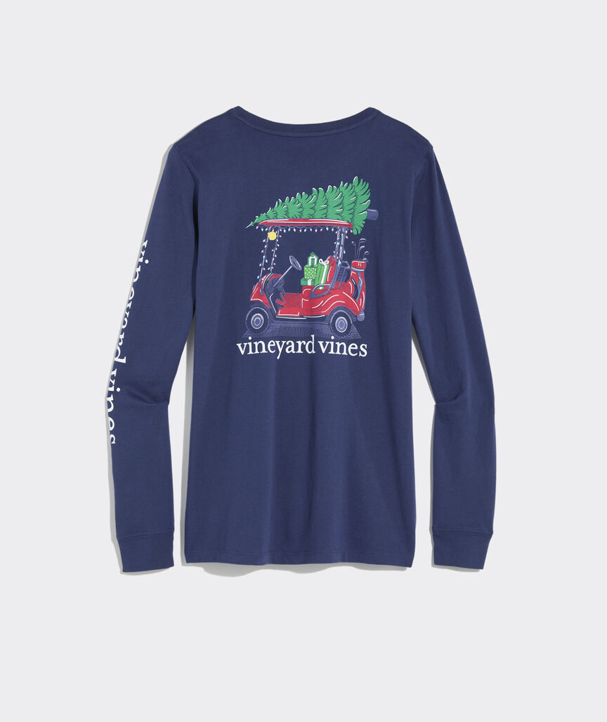 Women's Christmas Golf Cart Long-Sleeve Pocket Tee