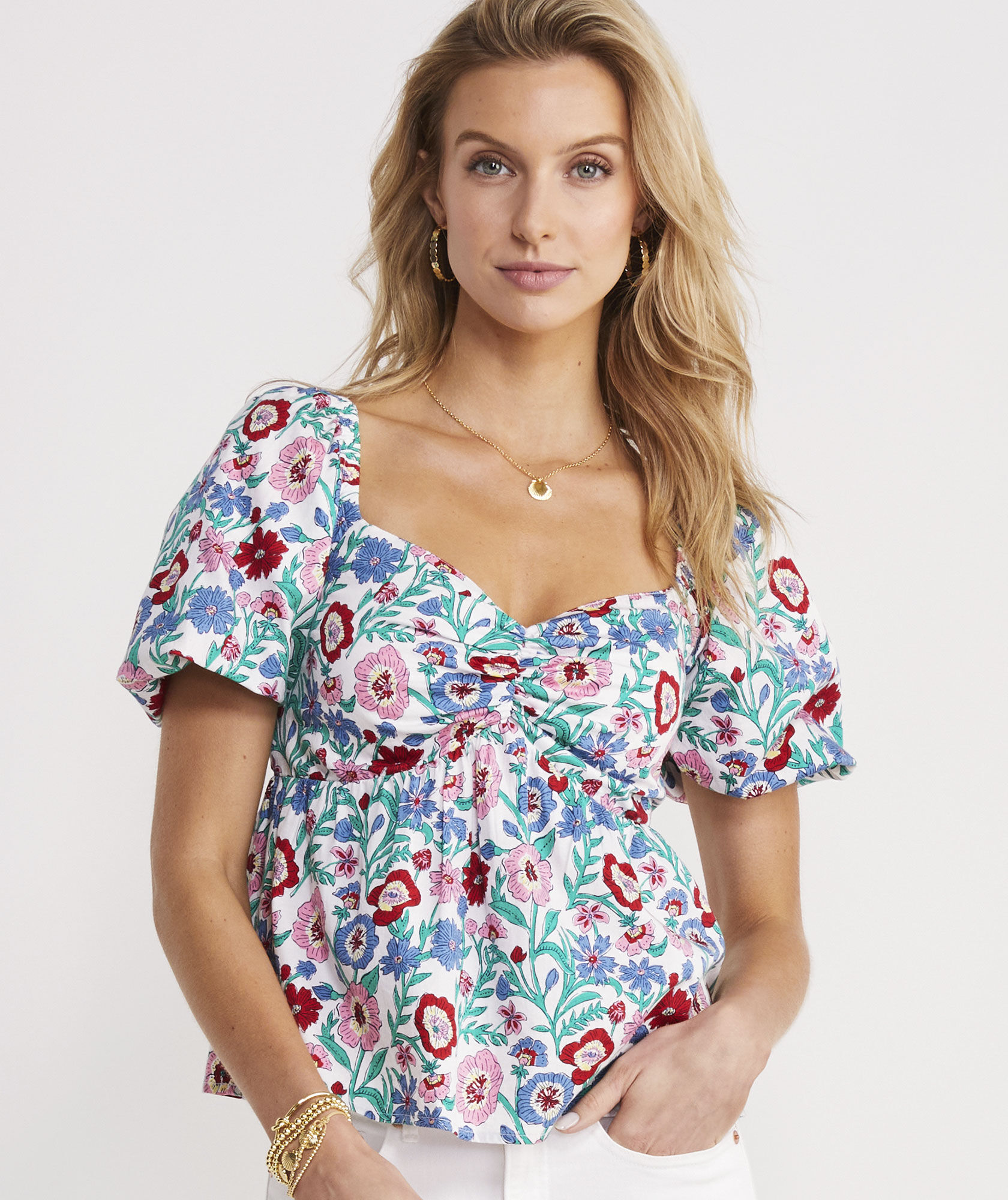 White Tisbury Floral Puff-Sleeve Top