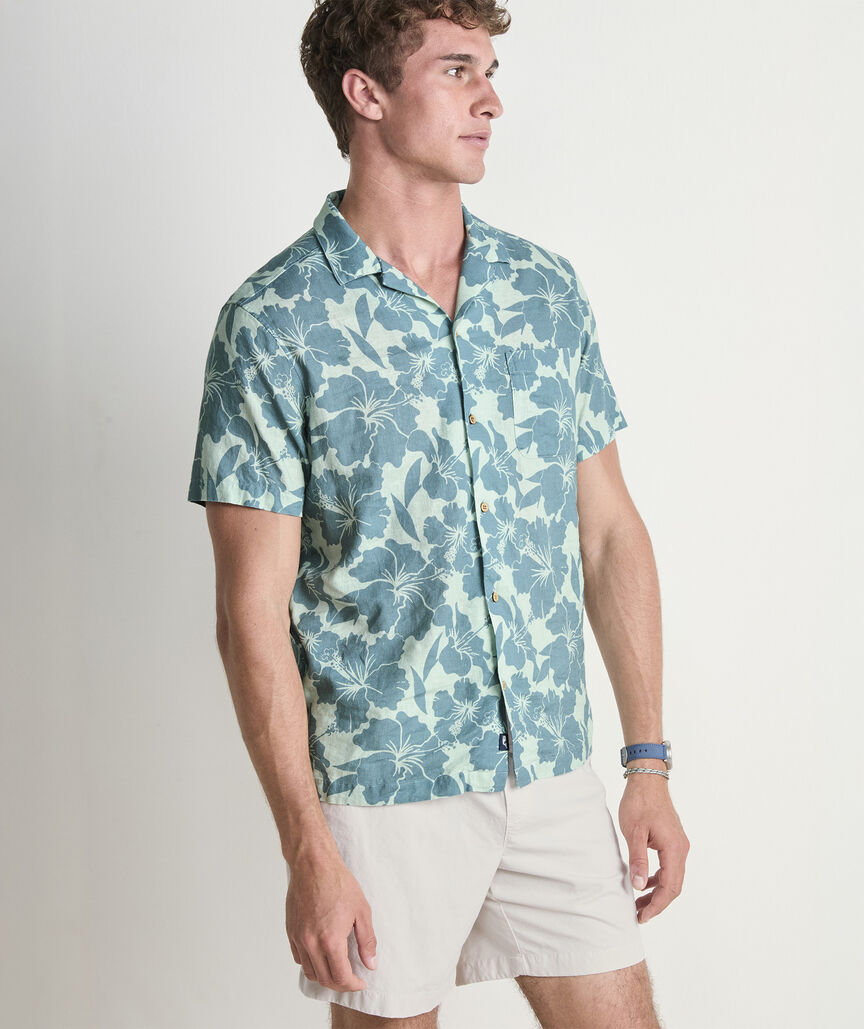 Hibiscus Floral Linen Blend Short-Sleeve Cabana Shirt