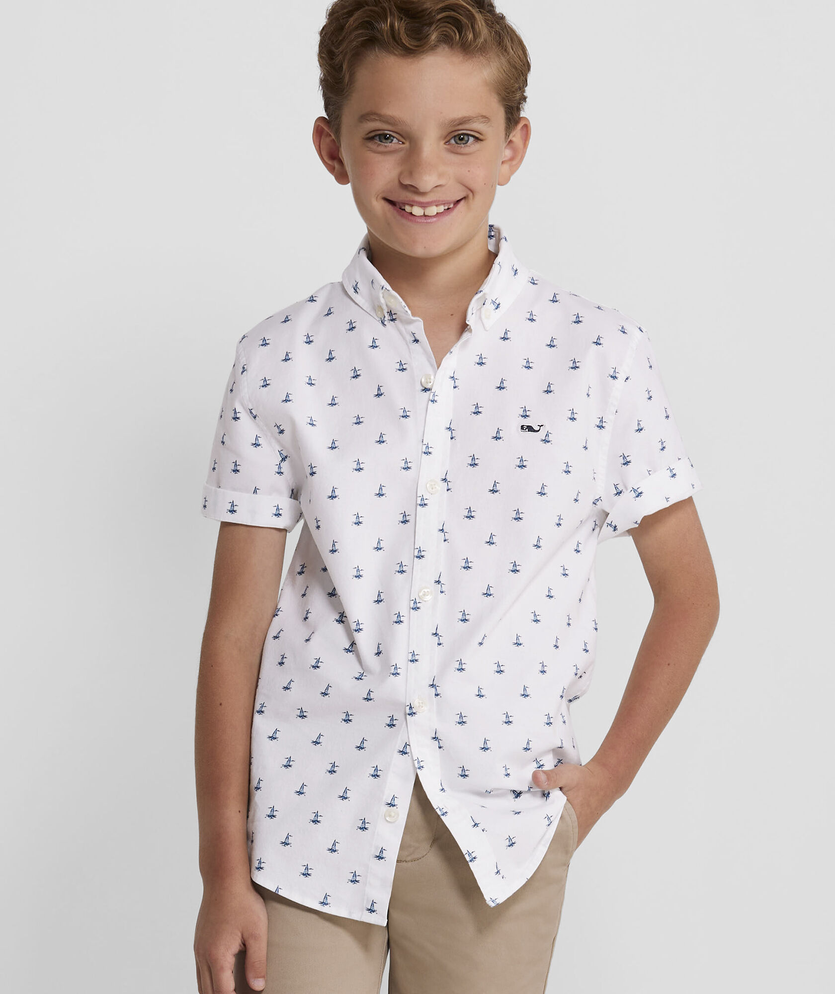 Boys Sailboat Micro Printed Short Sleeve Shirt