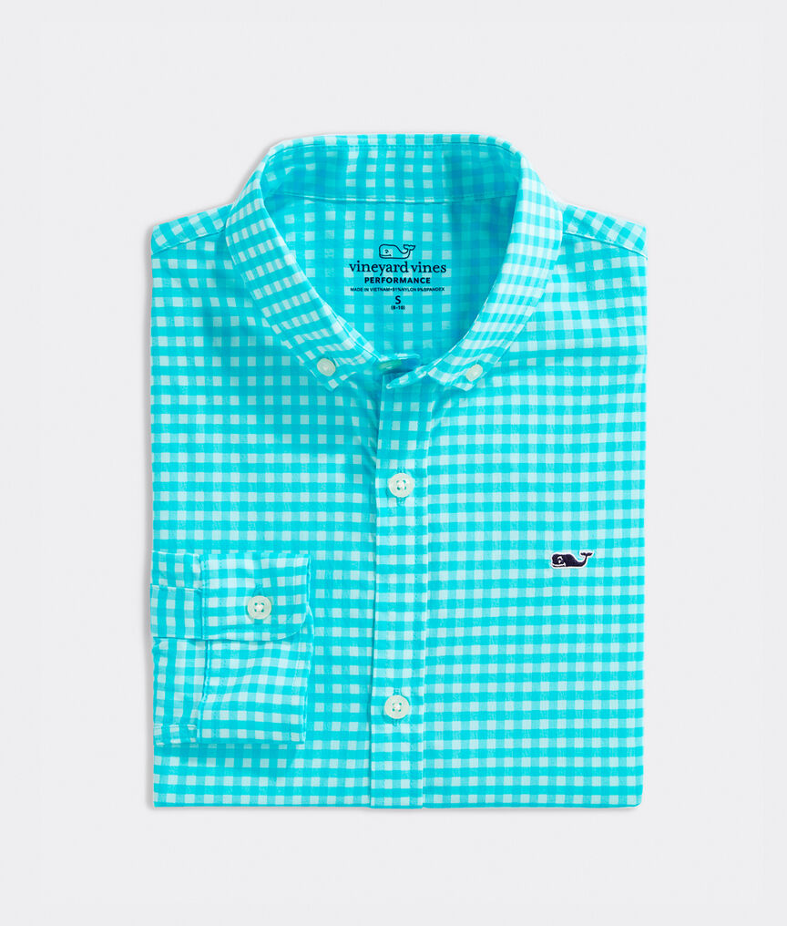 Boys' Paradise Plaid On-The-Go Performance Whale Button-Down Shirt
