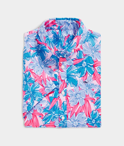 Vineyard Vines Boys' Stretch Cotton Short-Sleeve Oleander Print Shirt (Oleander Pink Blue) (Size: XL)