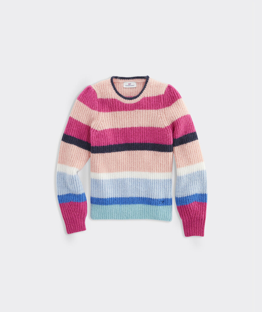 Girls' Striped Puff-Sleeve Crewneck Sweater