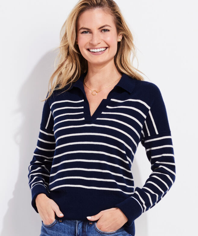 Lightweight Striped Cashmere Polo Sweater