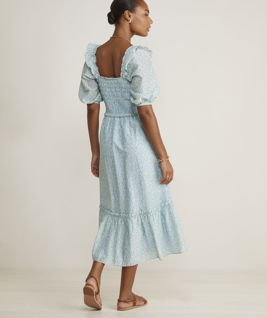 Smocked Puff-Sleeve Midi Dress