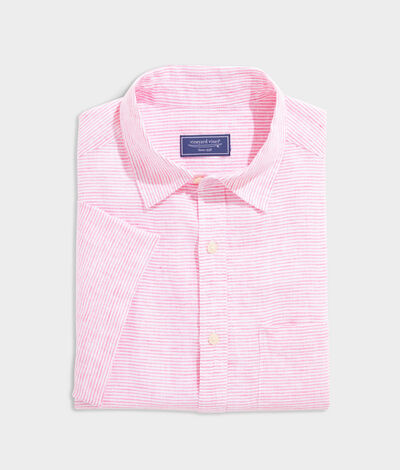 Vineyard Vines Linen Short-Sleeve Stripe Shirt (Neon Rosa) (Size: Large)