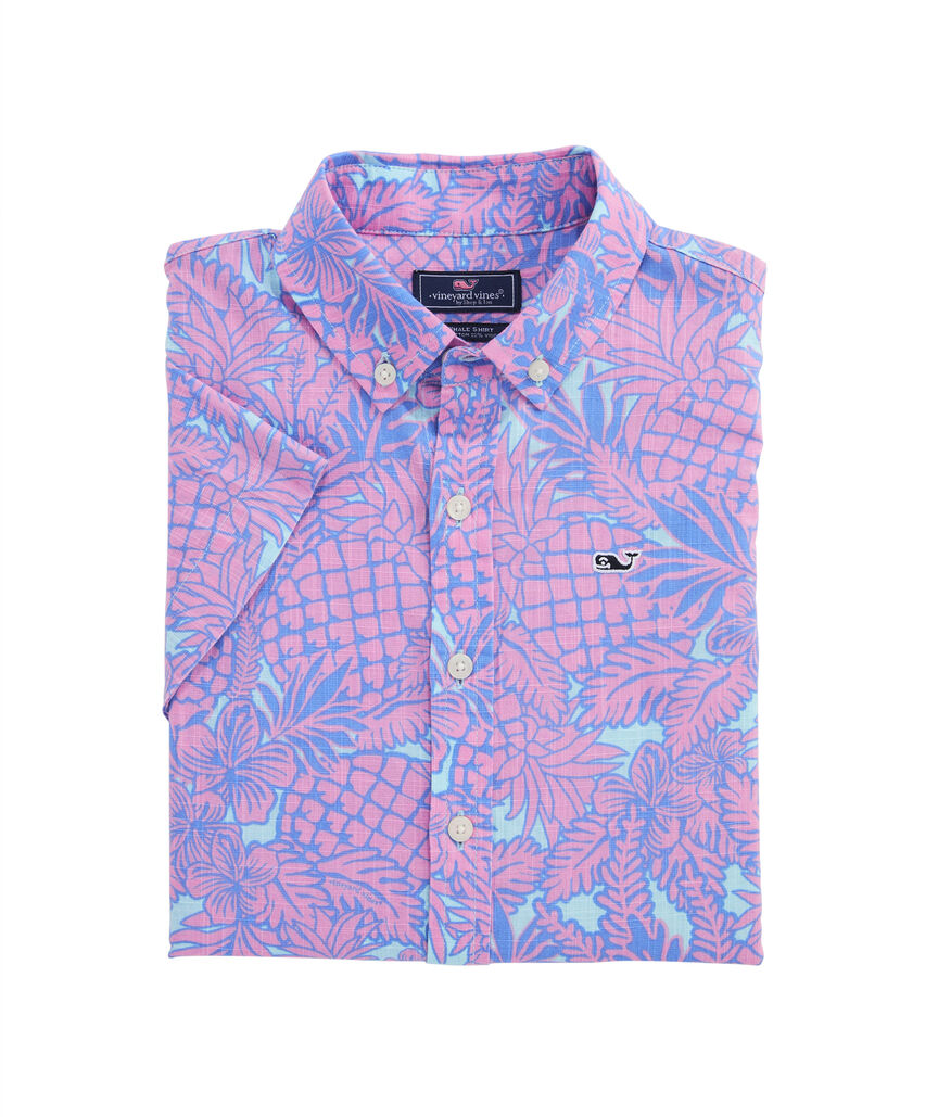 OUTLET Boys' Slub Cotton Short-Sleeve Pineapple & Flower Shirt