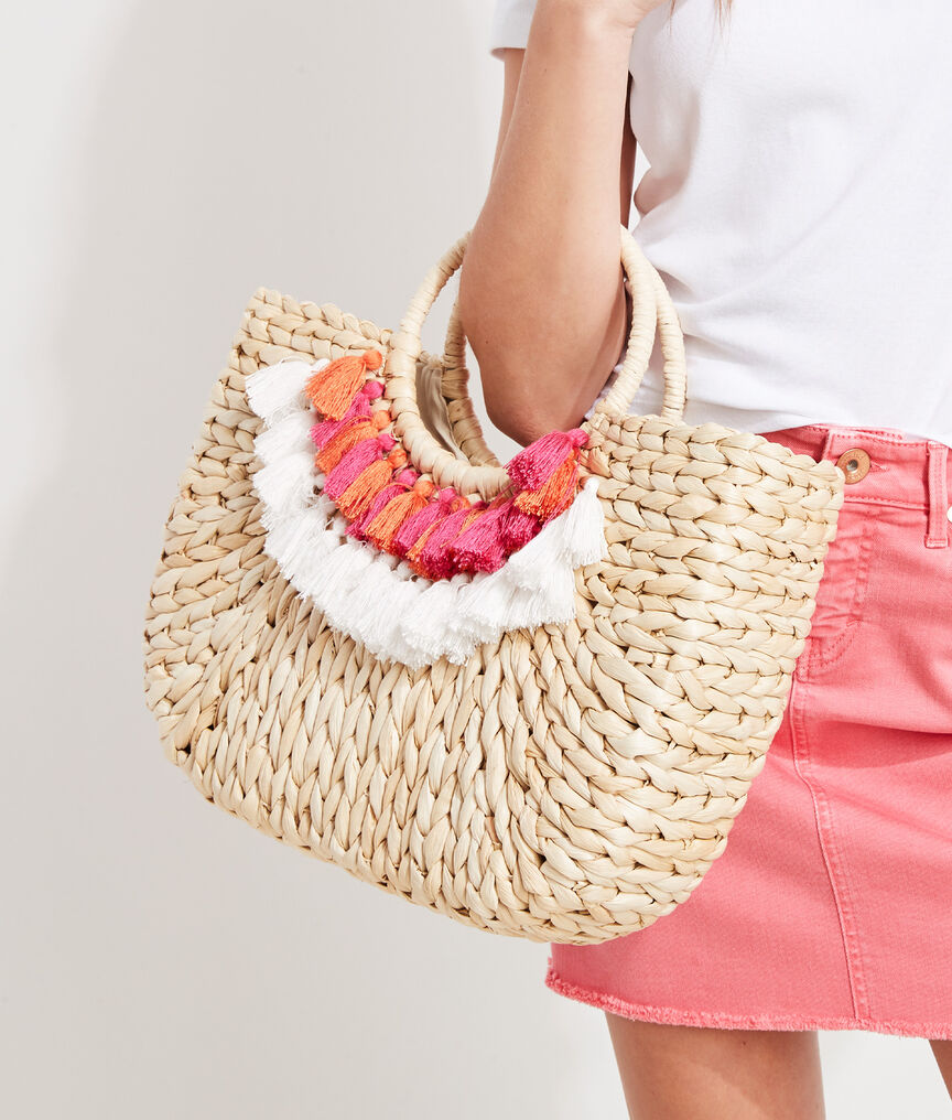 Tassel Trim Straw Tote Bag