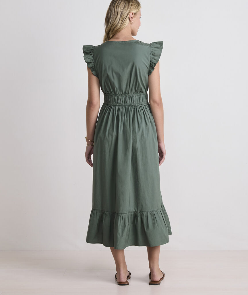 Marina Poplin Flutter-Sleeve Midi Dress