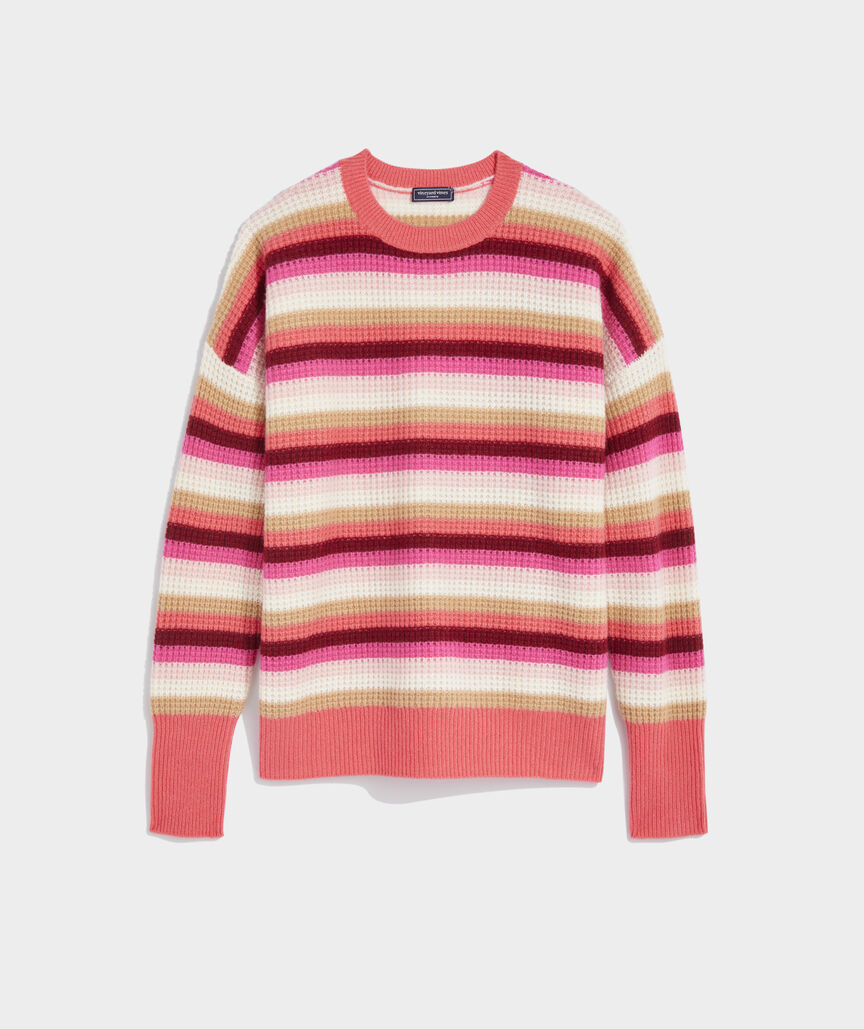 Cashmere Waffle-Knit Striped Crewneck Sweater