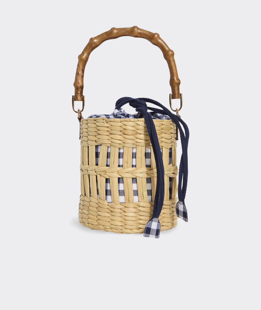 Bamboo Handle Woven Reed Bucket Bag