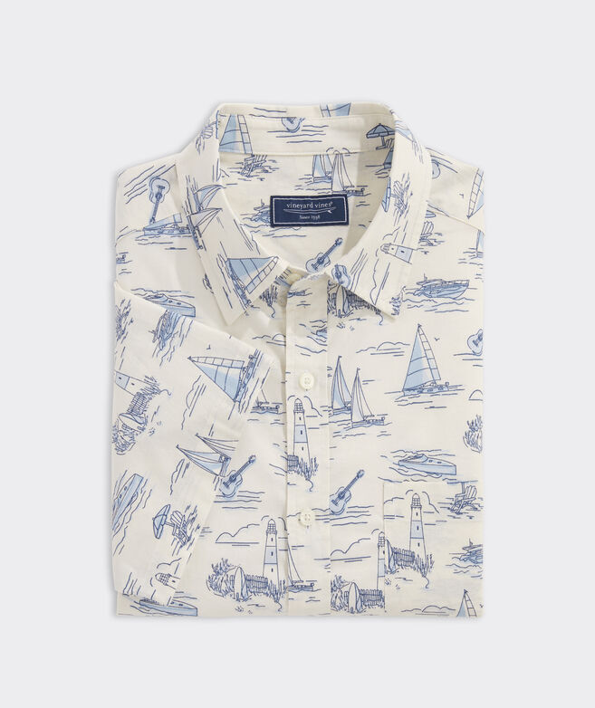 Stretch Cotton Short-Sleeve Hamptons Scenic Shirt