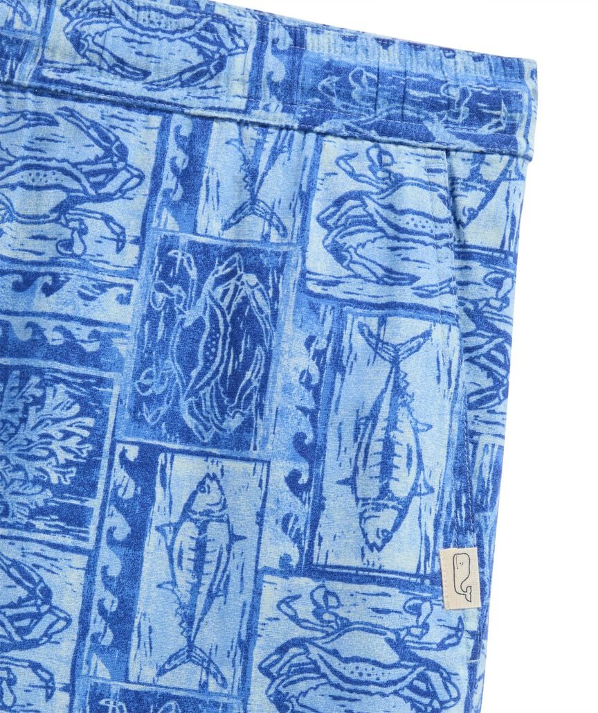 OUTLET 7 Inch Woodblock Sea Life Cotton Linen Pull-On Shorts