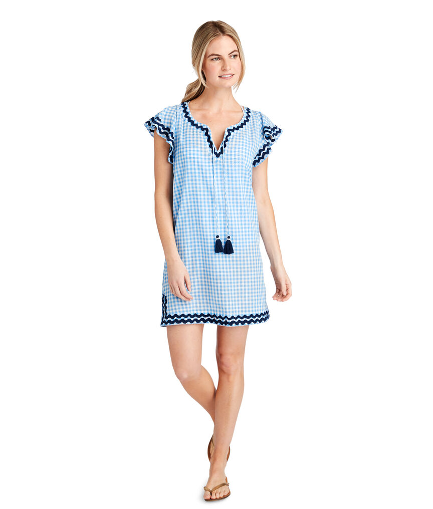 Gingham Ruffle Sleeve Embroidered Cover-Up