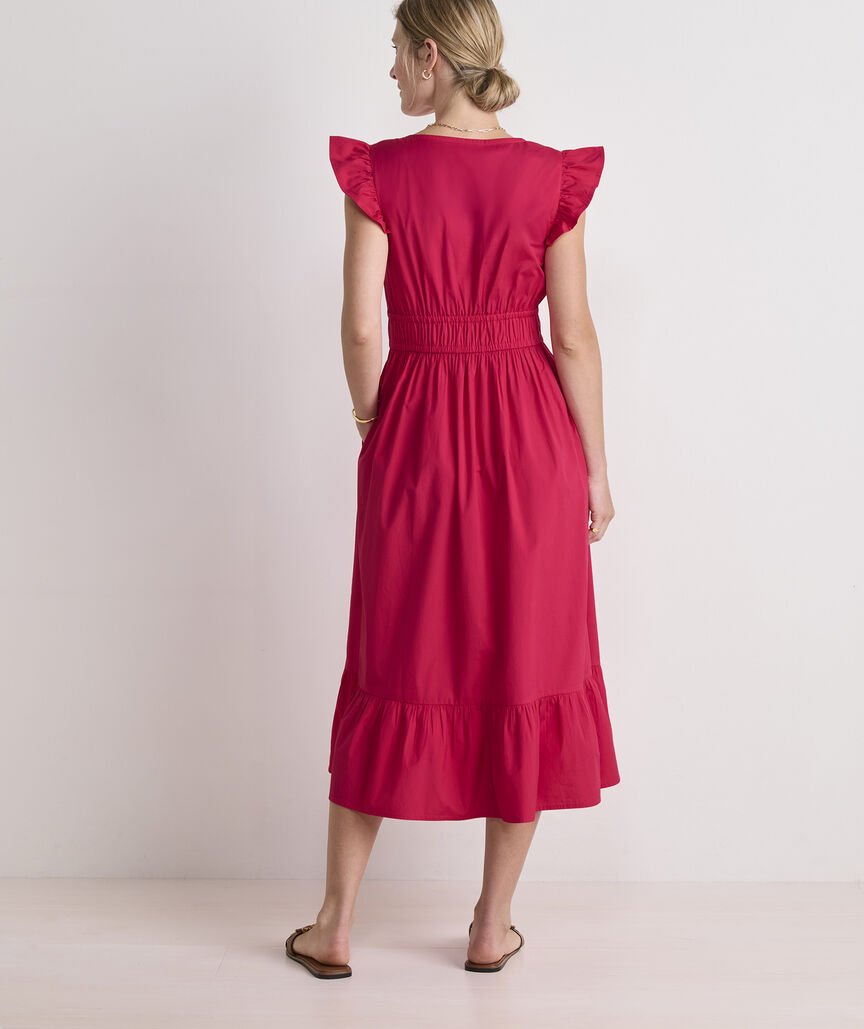 Marina Poplin Flutter-Sleeve Midi Dress