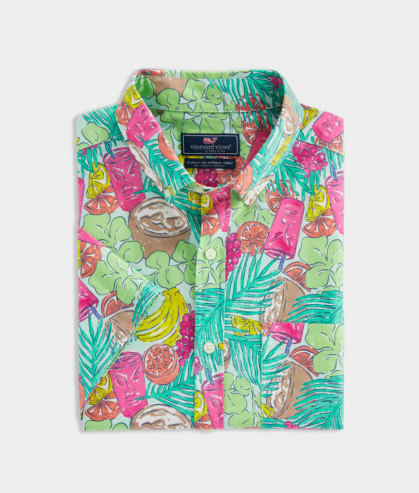 Stretch Cotton Short-Sleeve Tropical Print Shirt