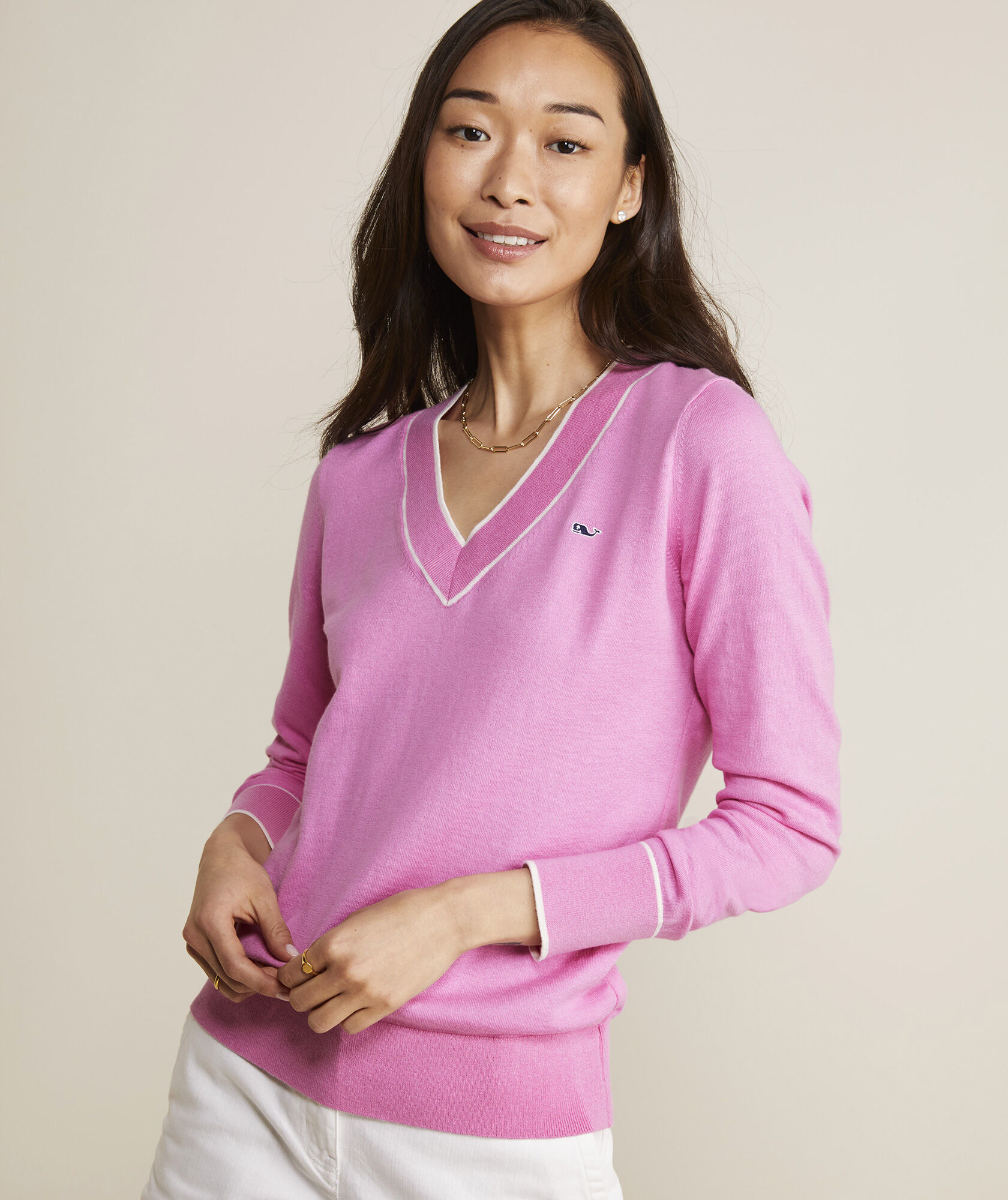 Cotton Cashmere Heritage Tipped V-Neck