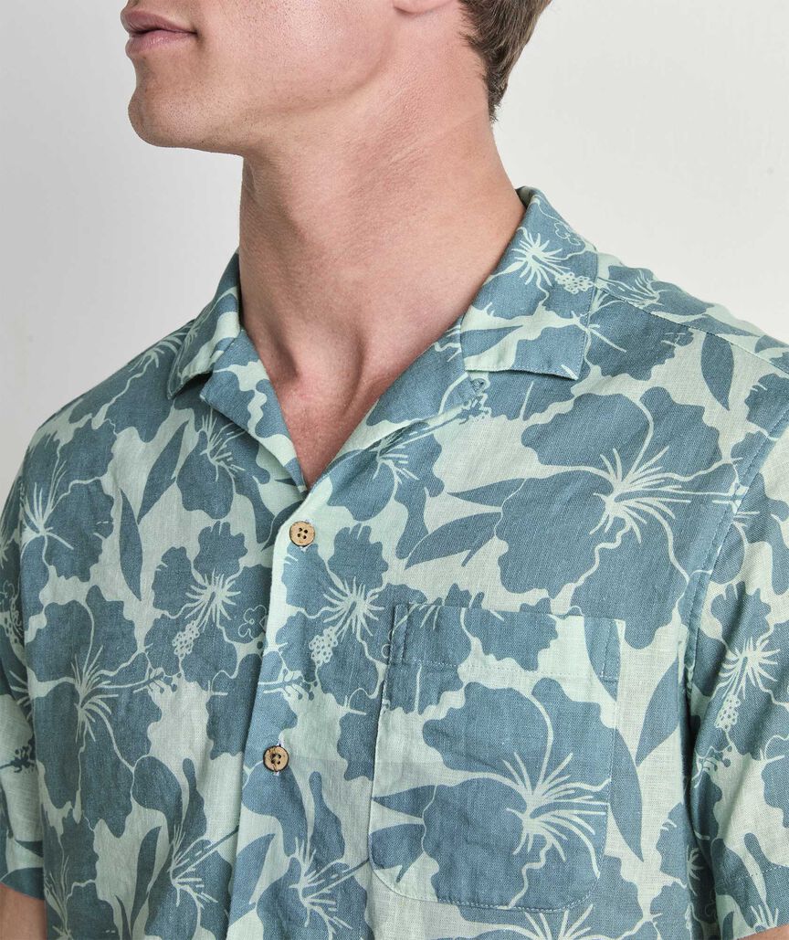 Hibiscus Floral Linen Blend Short-Sleeve Cabana Shirt