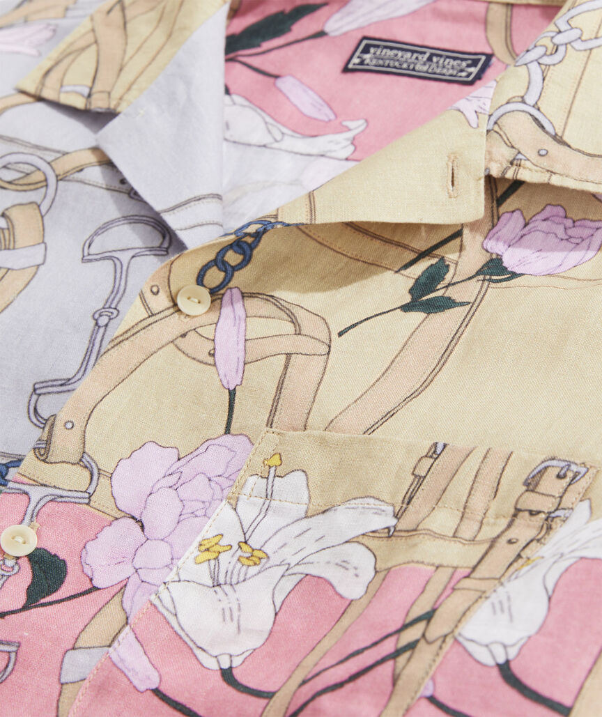 Kentucky Derby Linen Short-Sleeve Scarf Print Shirt