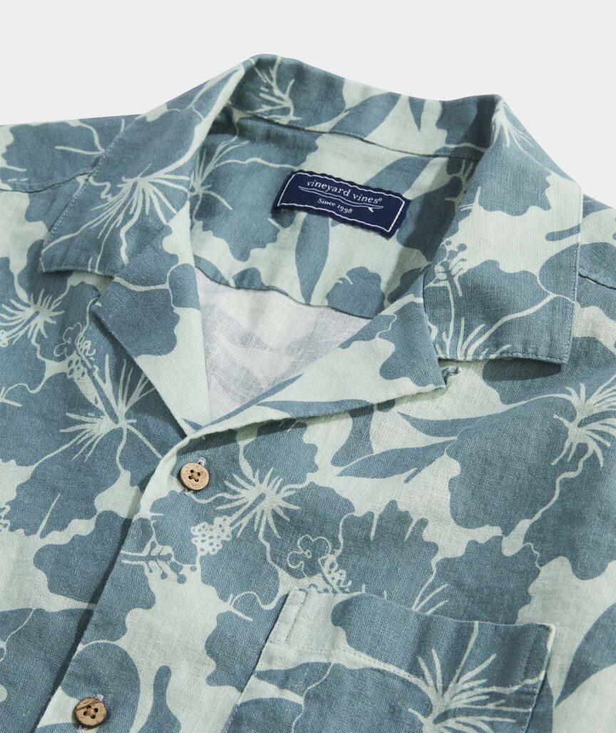 Hibiscus Floral Linen Blend Short-Sleeve Cabana Shirt