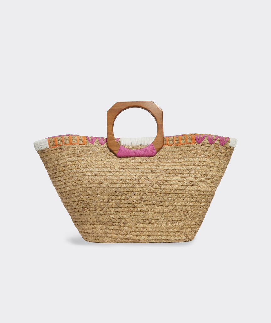 Geo Embroidered Straw Tote