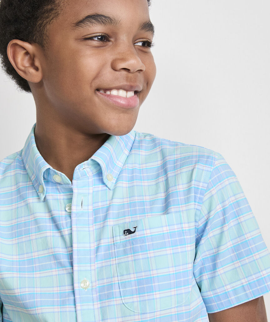 Boys' Plumeria Plaid Performance Cotton Short-Sleeve Shirt