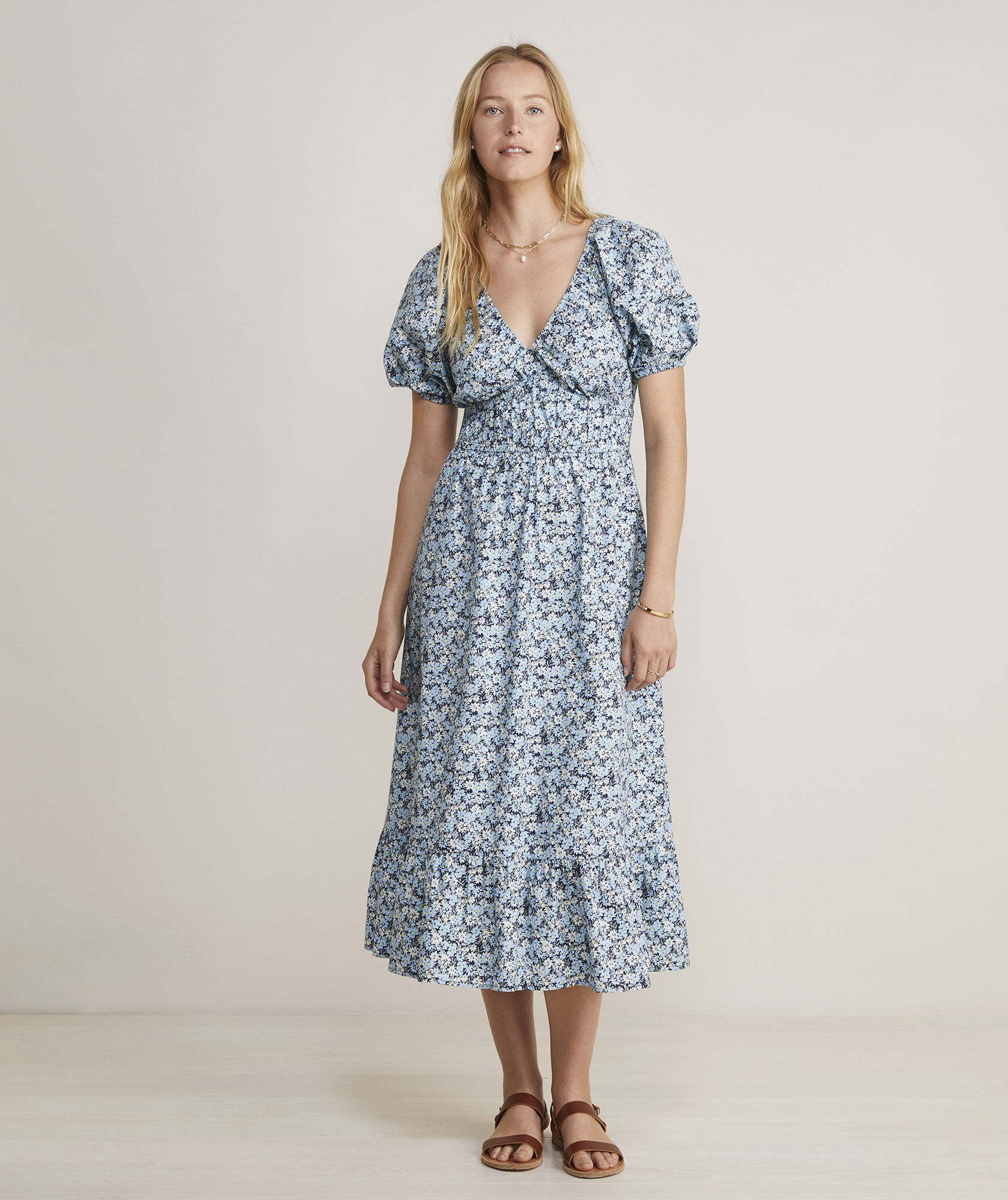 Marina Poplin Puff-Sleeve Midi Dress