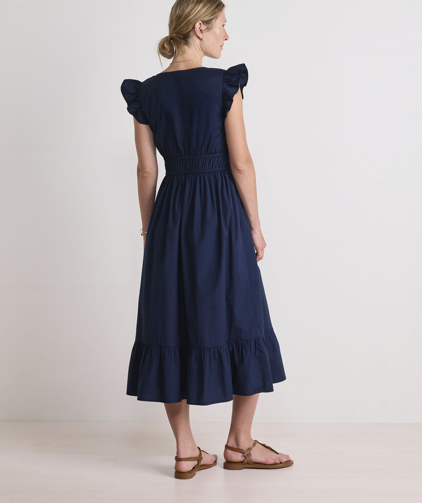 Marina Poplin Flutter-Sleeve Midi Dress