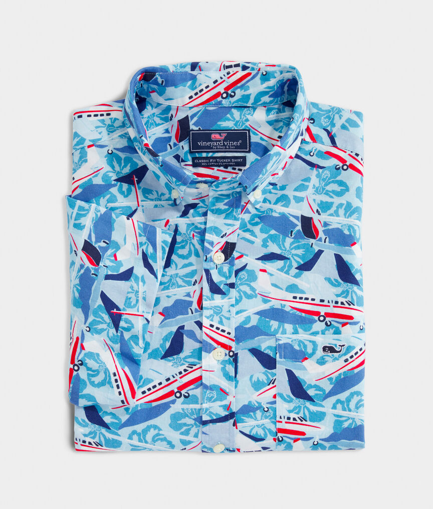 Stretch Cotton Short-Sleeve Jet Set Print Shirt
