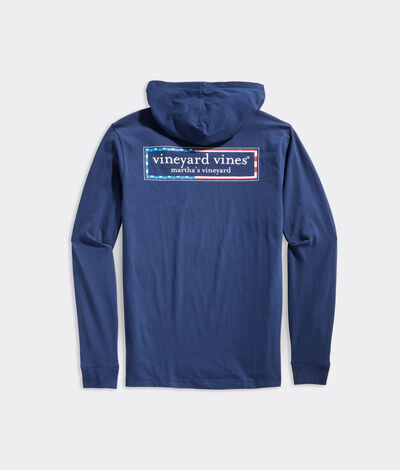 Vineyard Vines Americana Logo Box Long-Sleeve Hoodie Pocket T-Shirt (Blue) (Size: Small)