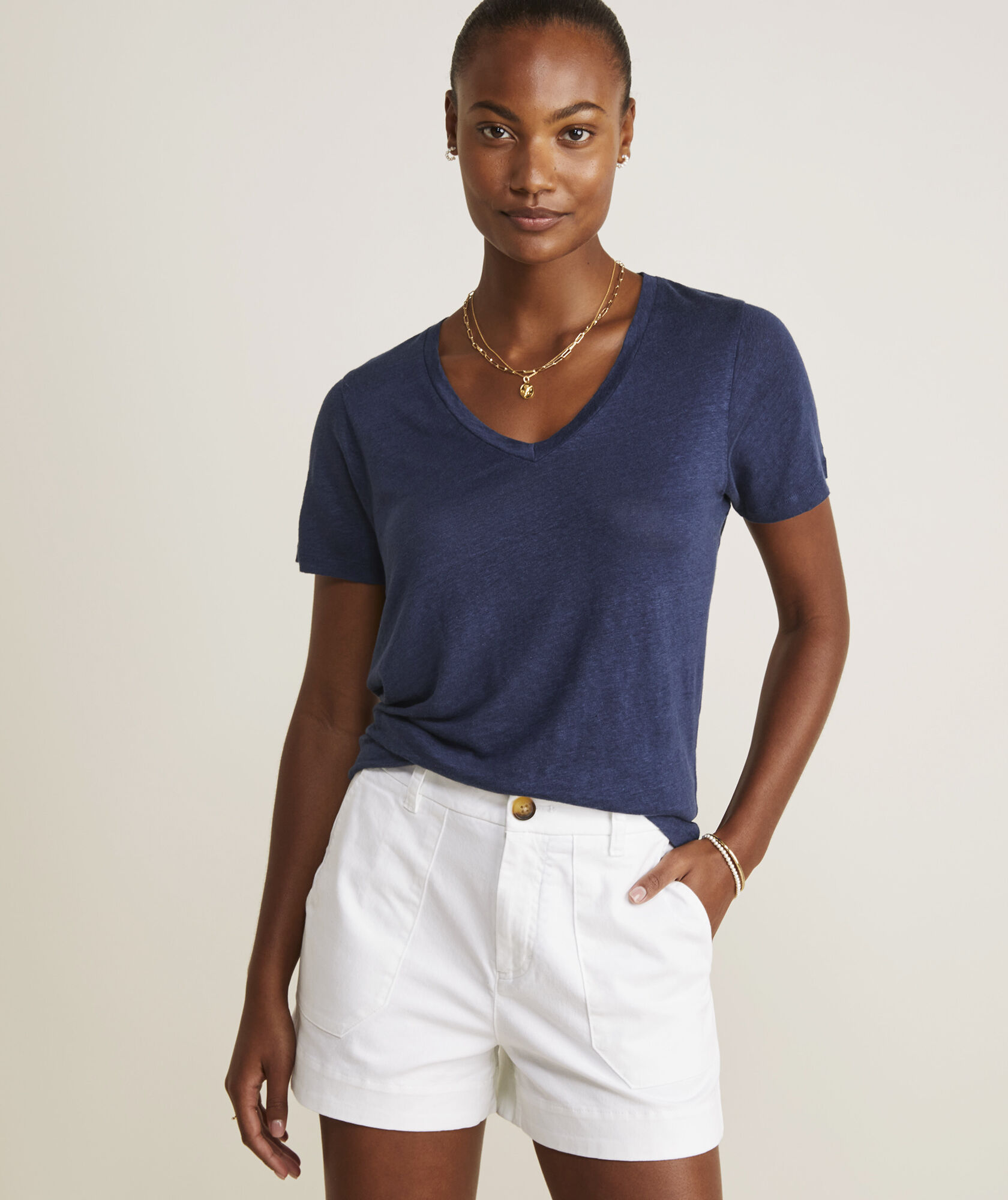 Line Linen V- Neck Tee- Smokescreen main image 1