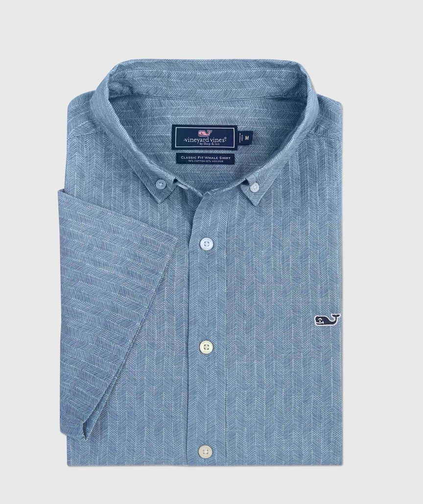 OUTLET Slub Cotton Sketched Herringbone Short-Sleeve Shirt