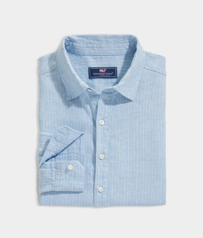 Vineyard Vines Linen Spread-Collar Striped Shirt (Blue) (Size: XXL)
