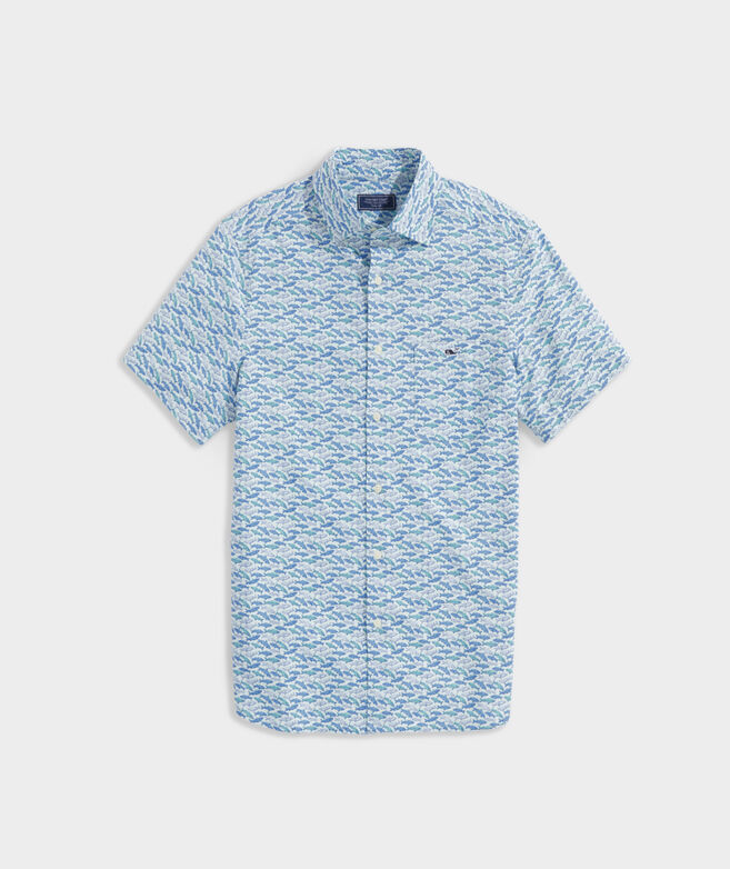 Stretch Poplin Short-Sleeve Fish Print Shirt