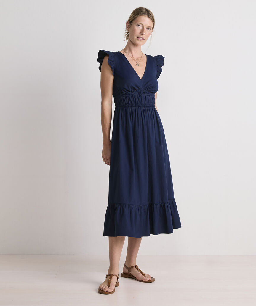 Marina Poplin Flutter-Sleeve Midi Dress