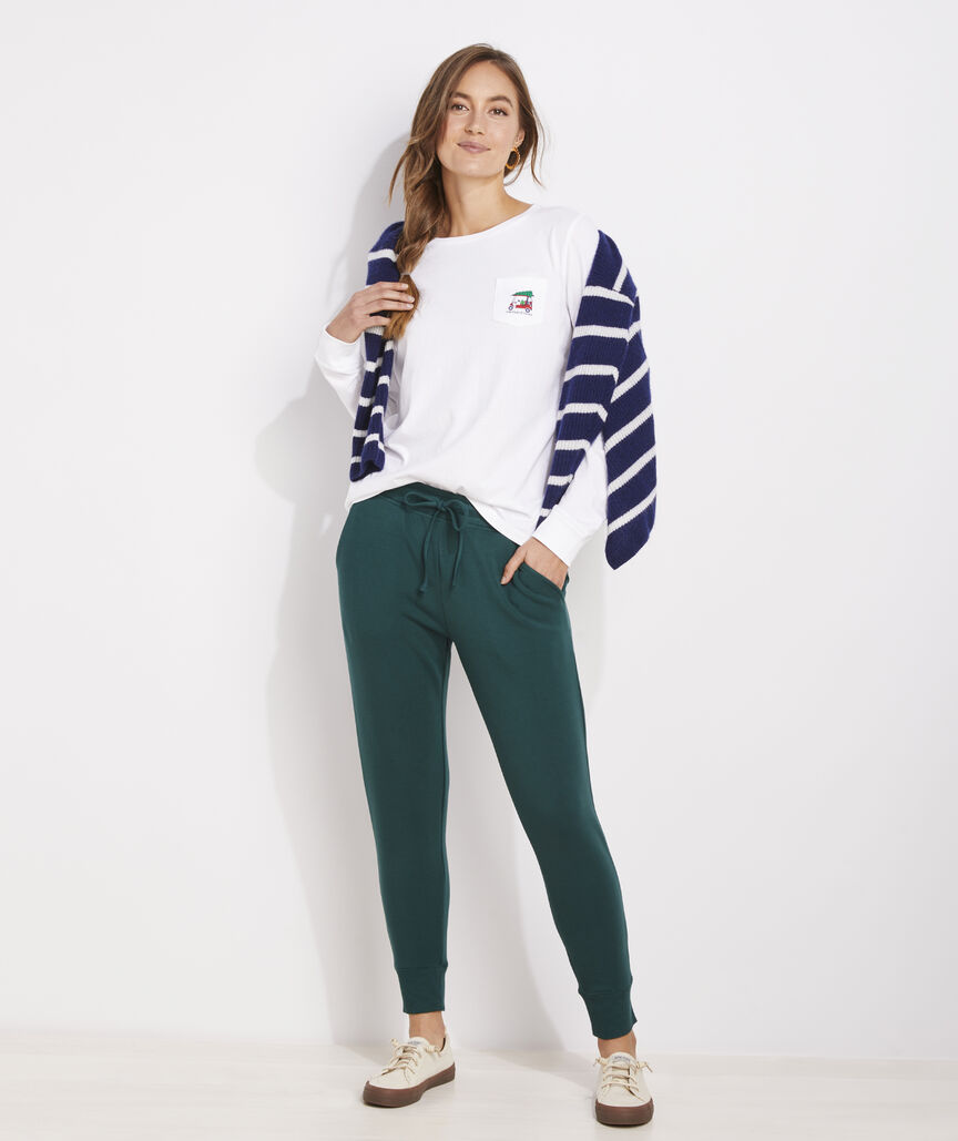 Women's Christmas Golf Cart Long-Sleeve Pocket Tee