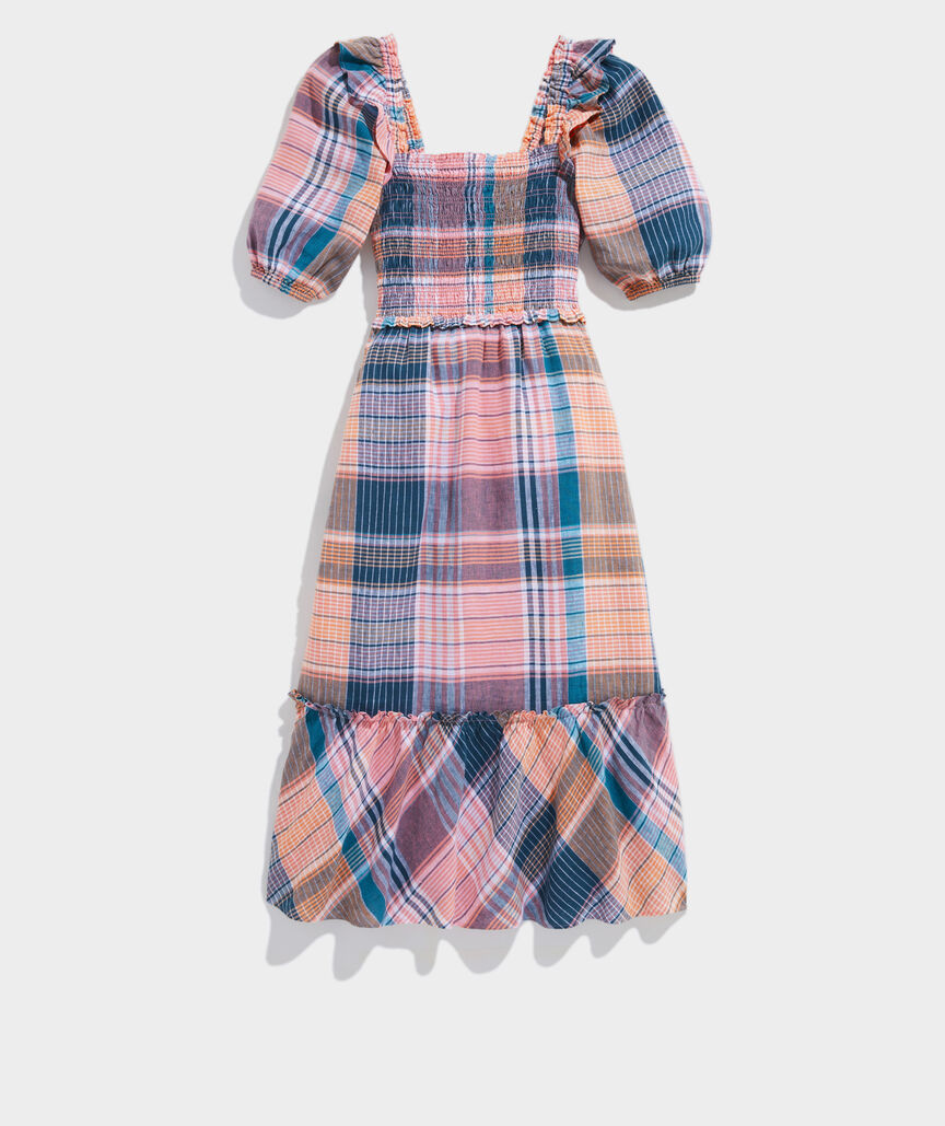 Smocked Puff-Sleeve Midi Dress