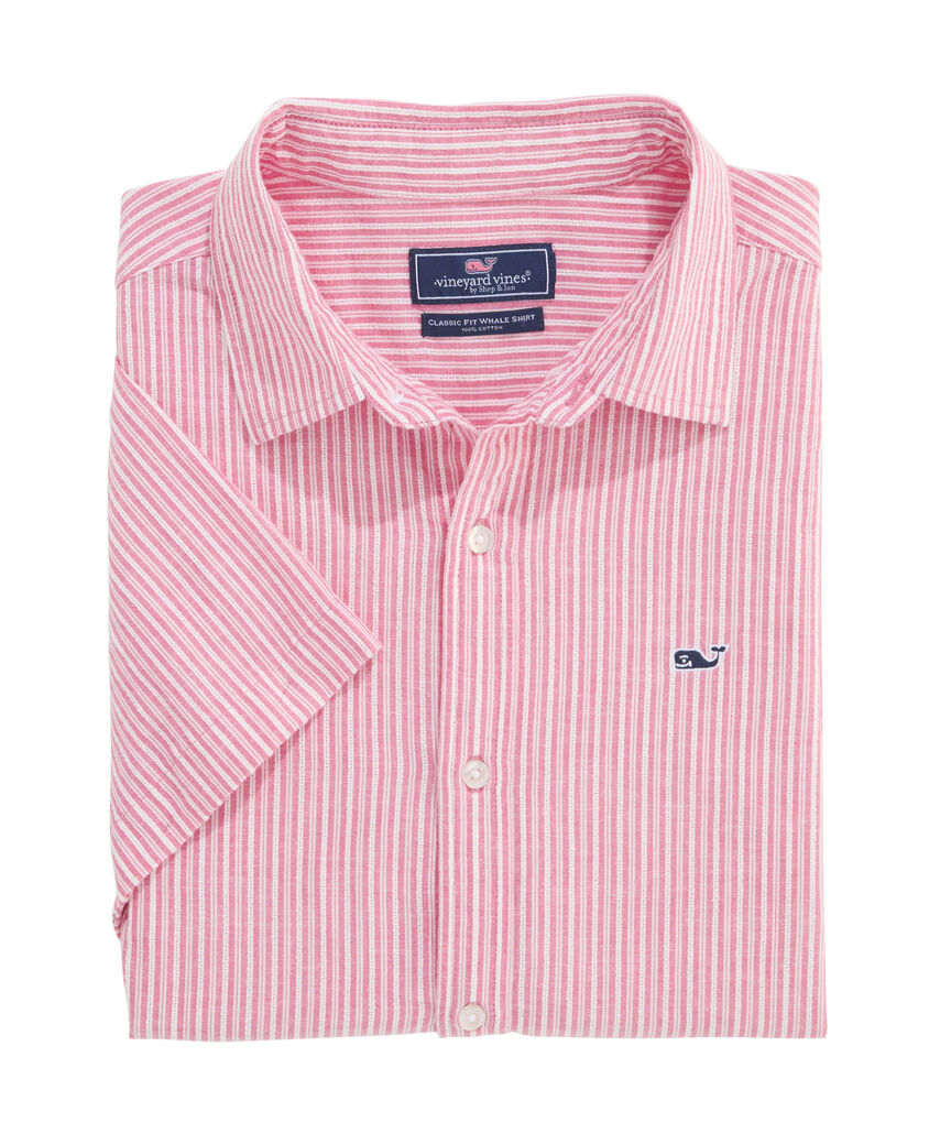 OUTLET Cotton Linen Short-Sleeve Stripe Shirt