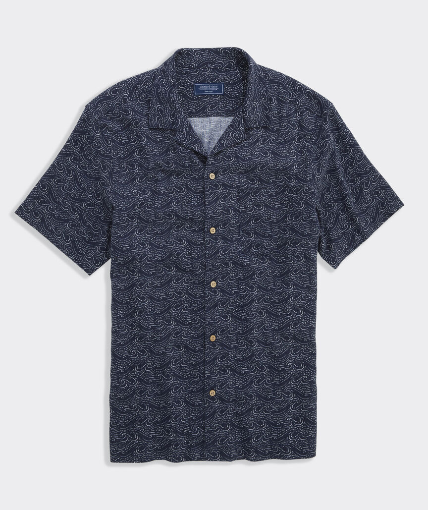 Indigo Waves Linen Blend Cabana Shirt