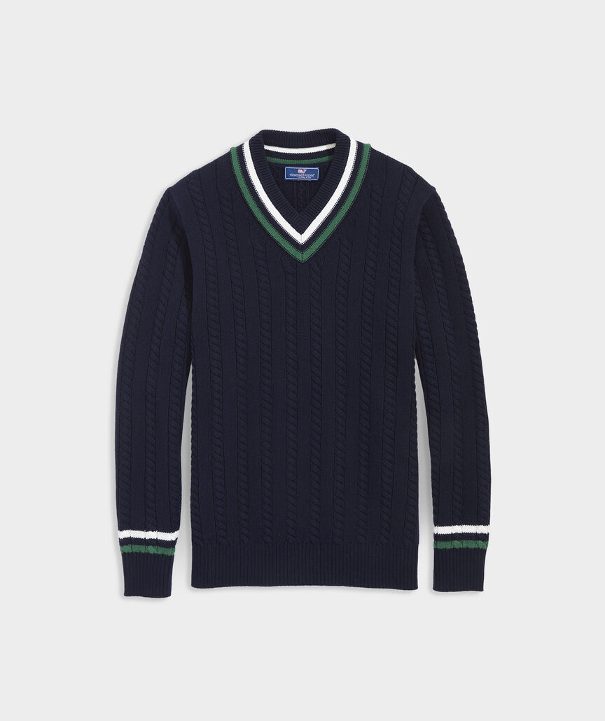 Varsity Cable-Knit V-Neck Sweater