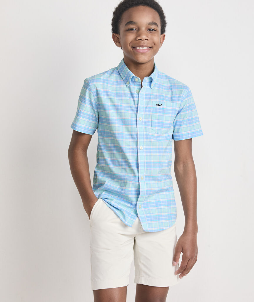 Boys' Plumeria Plaid Performance Cotton Short-Sleeve Shirt