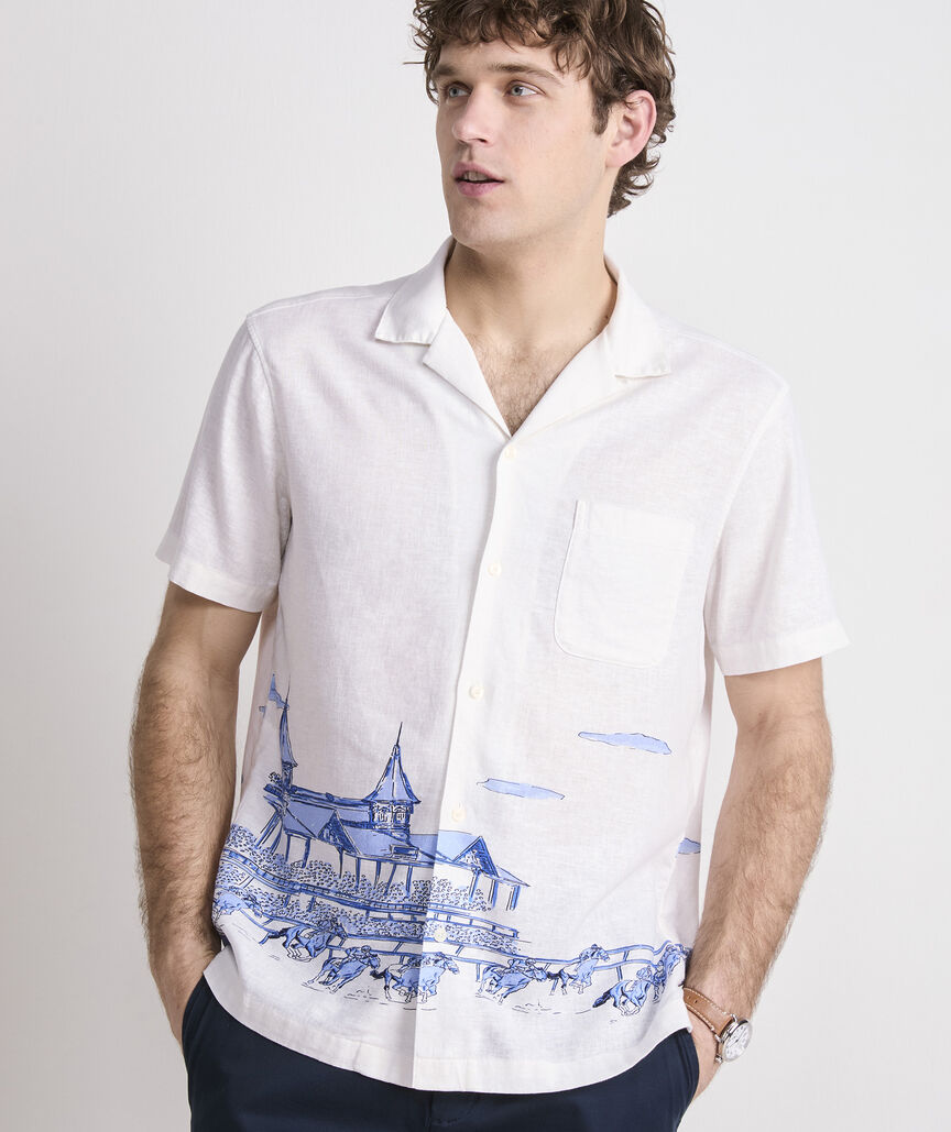 Kentucky Derby Scenic Print Short-Sleeve Cabana Shirt