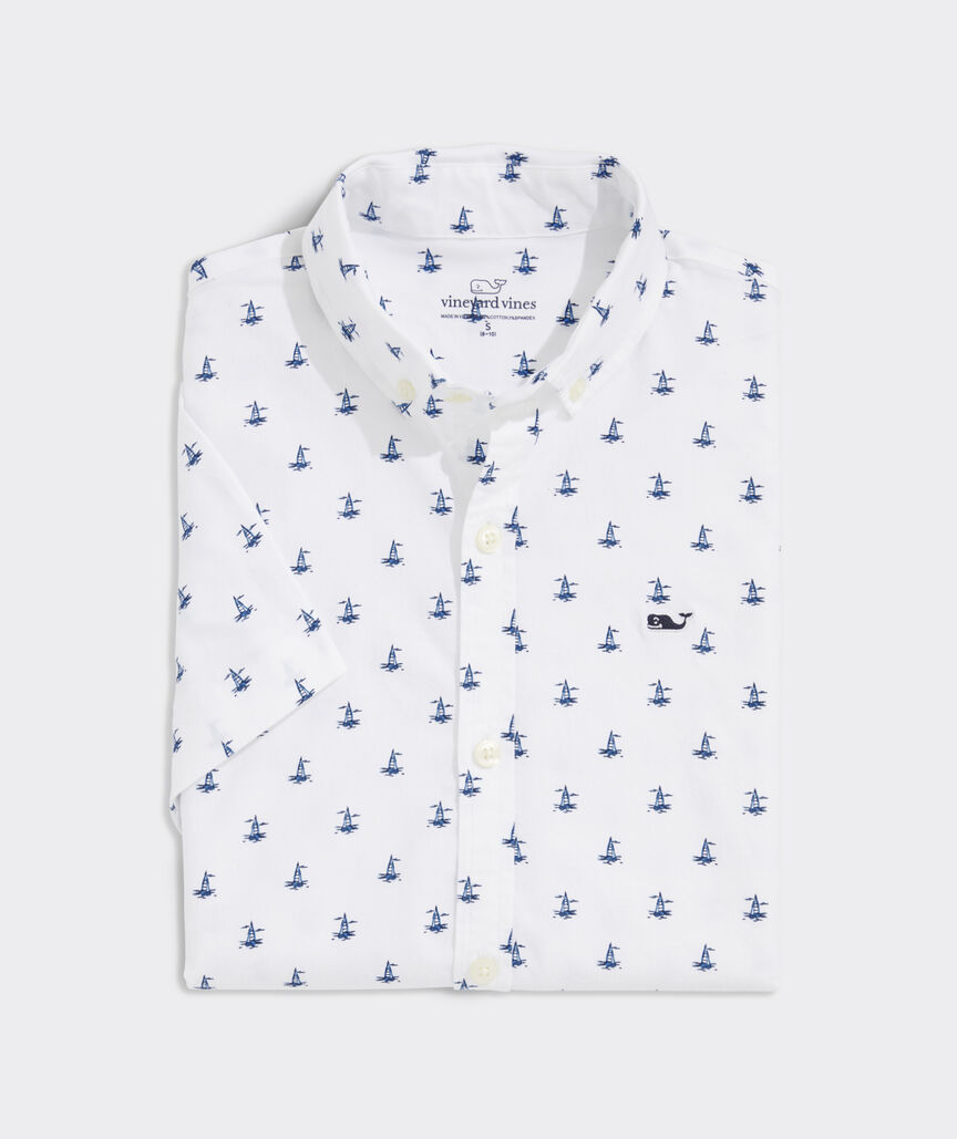 Shop Boys' Stretch Poplin Short-Sleeve Sailboat Print Shirt at vineyard  vines