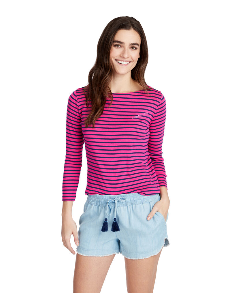 Striped Embroidered Simple Boatneck Tee
