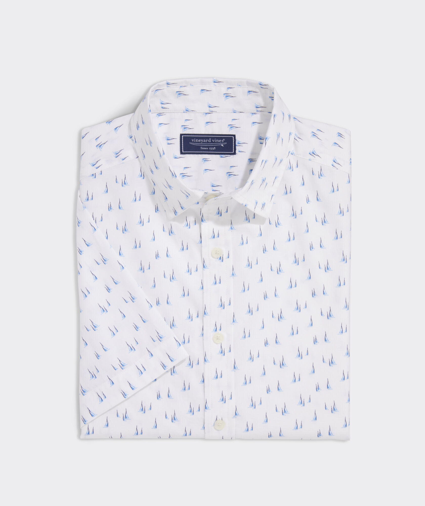 Cotton Madras Short-Sleeve Micro Sailboats Shirt