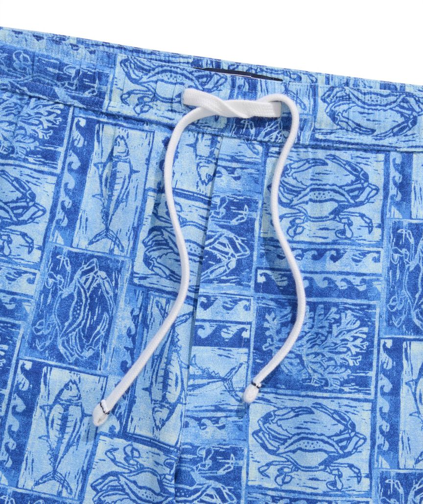 OUTLET 7 Inch Woodblock Sea Life Cotton Linen Pull-On Shorts