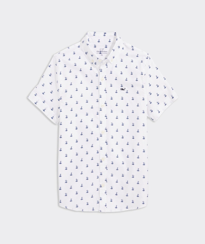 Boys Sailboat Micro Printed Short Sleeve Shirt