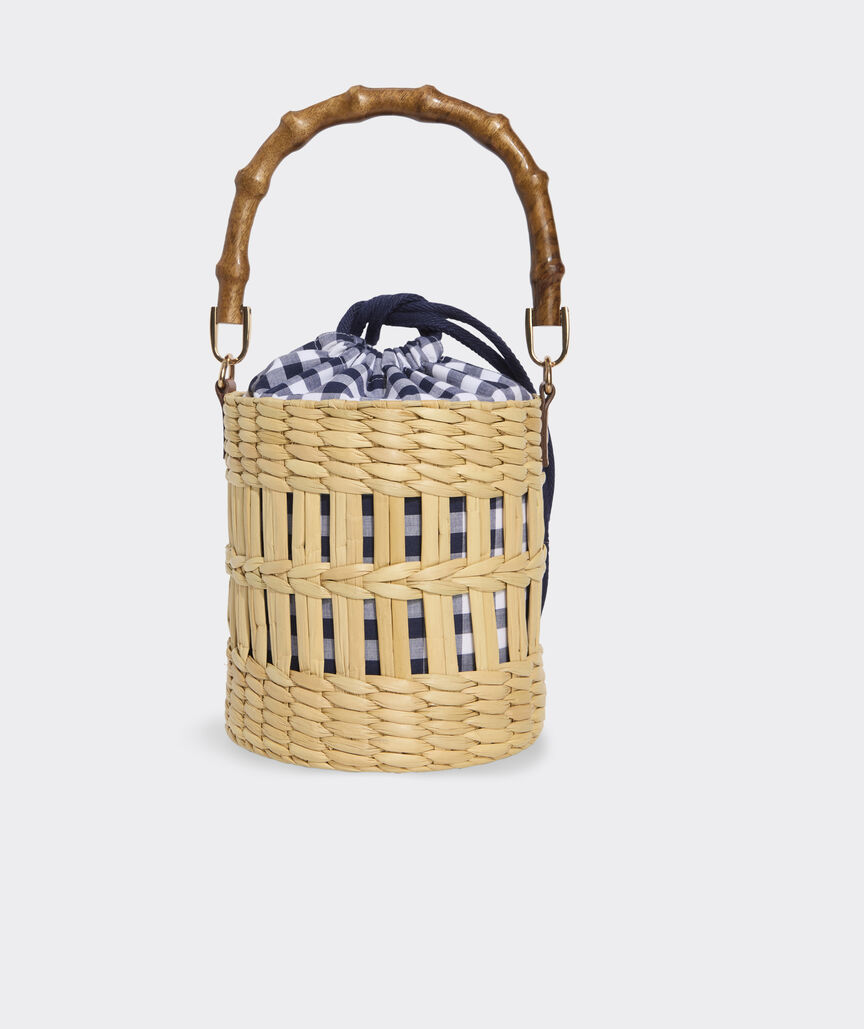 Bamboo Handle Woven Reed Bucket Bag